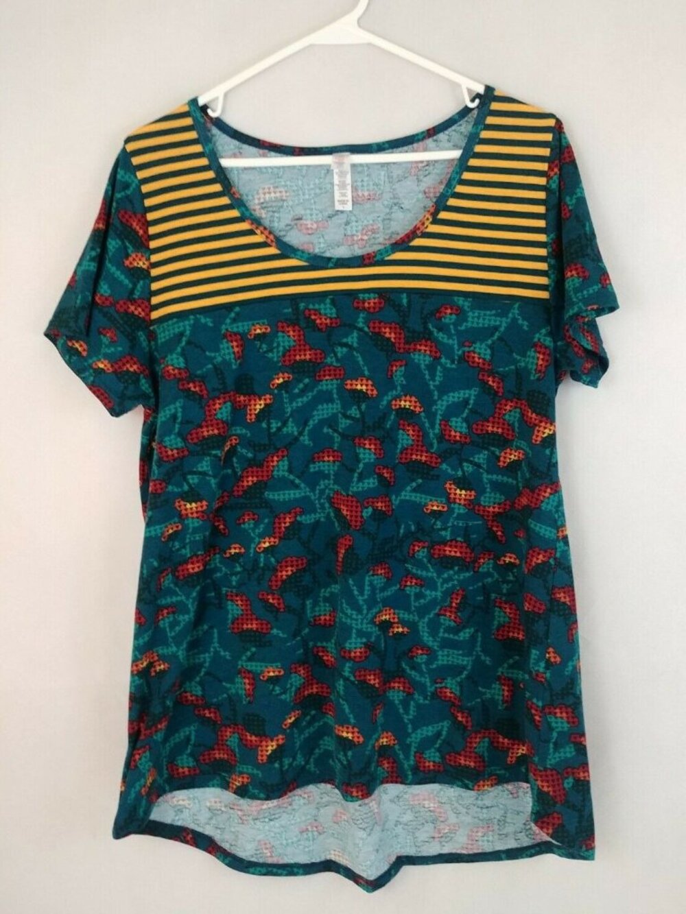 LulaRoe Short Sleeve Blouse Dark Green W/ Red Floral Print & Yellow Stripes Sz L